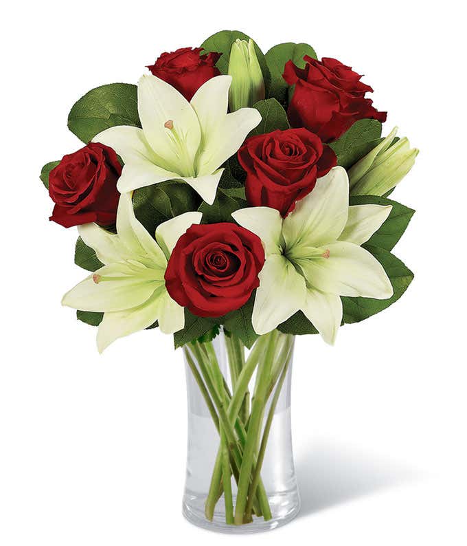 Whimsical White Lily & Red Rose Bouquet,,Bloomera