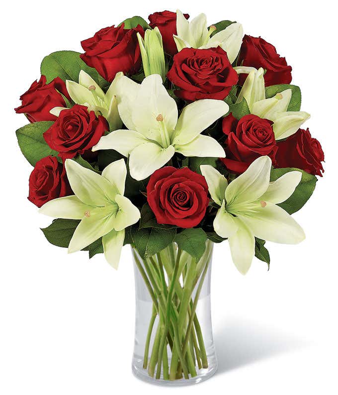 Whimsical White Lily & Red Rose Bouquet,,Bloomera