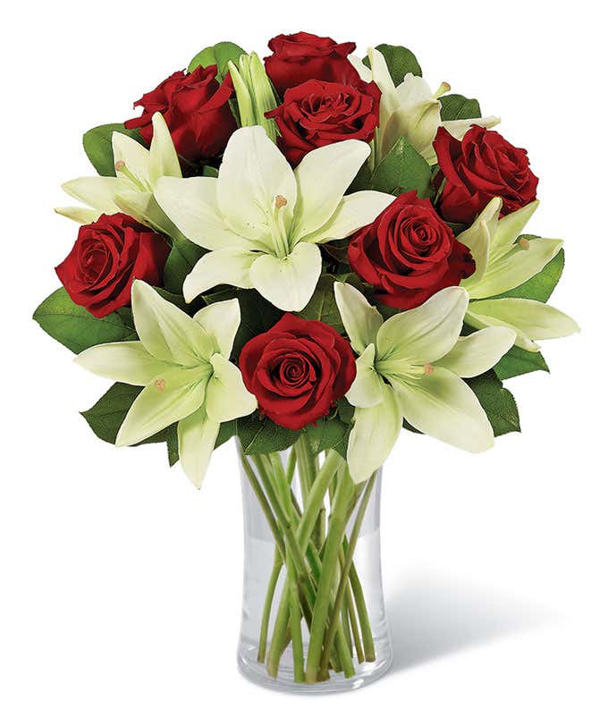 Whimsical White Lily & Red Rose Bouquet,,Bloomera